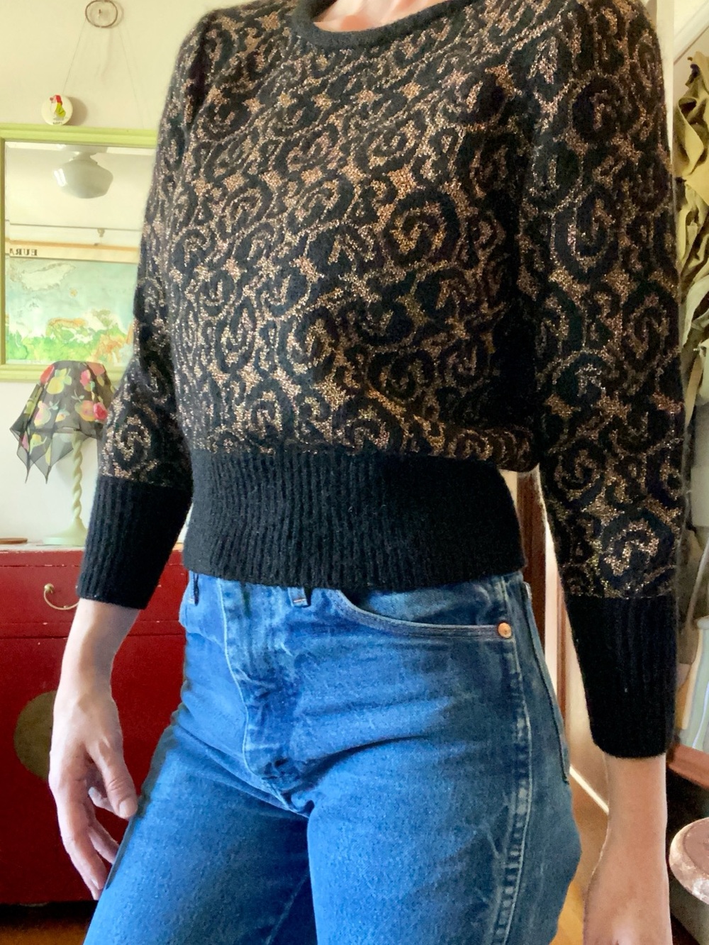 Vintage Black and Gold Metallic Patterned Women’s Cashmere Sweater